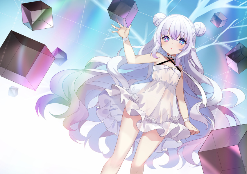 +_+ 1girl :o azur_lane bangs bare_arms bare_shoulders blue_eyes collarbone commentary criss-cross_halter cube double_bun dress eyebrows_visible_through_hair flower hair_between_eyes halterneck hand_up kurot le_malin_(azur_lane) long_hair no_panties parted_lips ribbon rose see-through silver_hair solo transparent very_long_hair white_dress white_flower white_ribbon white_rose wrist_ribbon