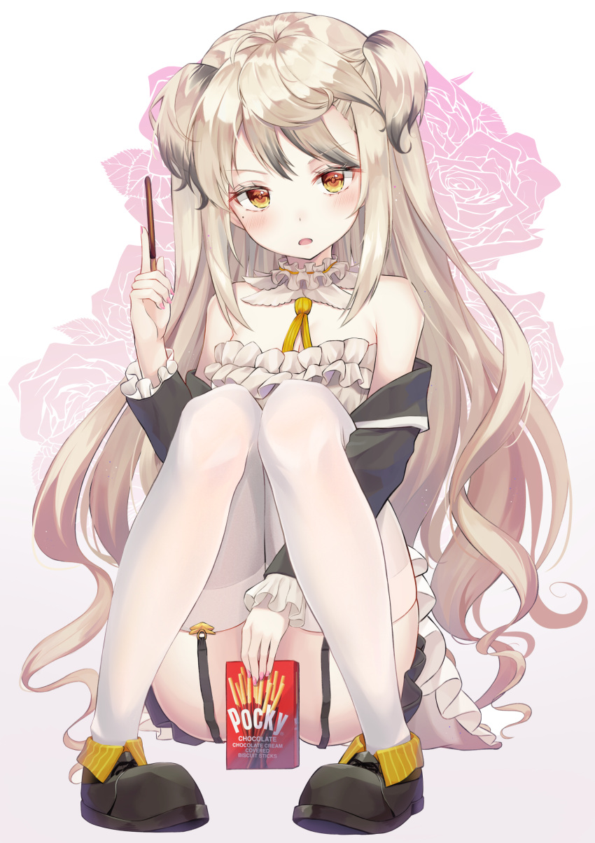 1girl absurdres bangs between_legs black_footwear blush brown_background brown_eyes brown_hair commentary_request desert_eagle_(girls_frontline) dress english_text eyebrows_visible_through_hair fingernails floral_background flower food full_body garter_straps girls_frontline gradient gradient_background hand_between_legs hand_up highres holding holding_flower hyonee knees_up long_hair long_sleeves looking_at_viewer nail_polish open_mouth pigeon-toed pink_nails pocky shoes sitting solo strapless strapless_dress thigh-highs two_side_up v-shaped_eyebrows very_long_hair white_background white_dress white_legwear