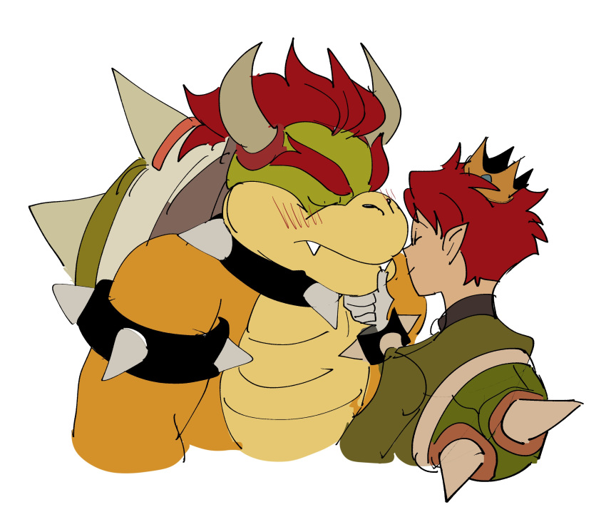 2boys absurdres armlet blush bowser closed_eyes crown fangs finger_to_another's_chin height_difference highres horns kendy_(revolocities) looking_at_another lord_peach male_focus super_mario_bros. multiple_boys new_super_mario_bros._u_deluxe redhead shell simple_background spiked_armlet thick_eyebrows white_background yaoi