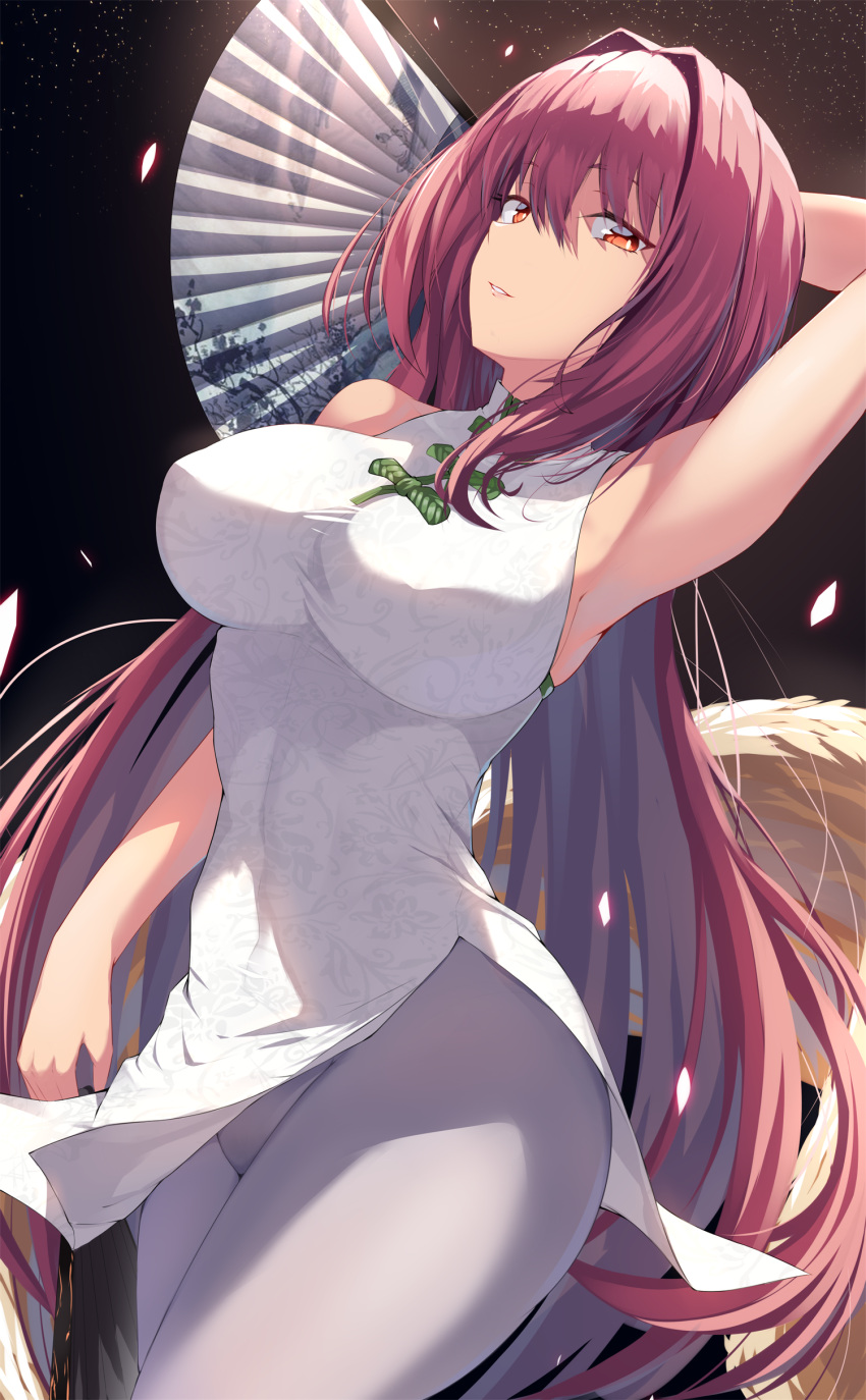 1girl absurdres armpits arms_up bangs bare_shoulders breasts china_dress chinese_clothes dress fan fate/grand_order fate_(series) feng_mouren folding_fan hair_between_eyes highres large_breasts long_hair looking_at_viewer pants parted_lips purple_hair red_eyes scathach_(fate)_(all) scathach_(fate/grand_order) solo thighs white_dress white_pants