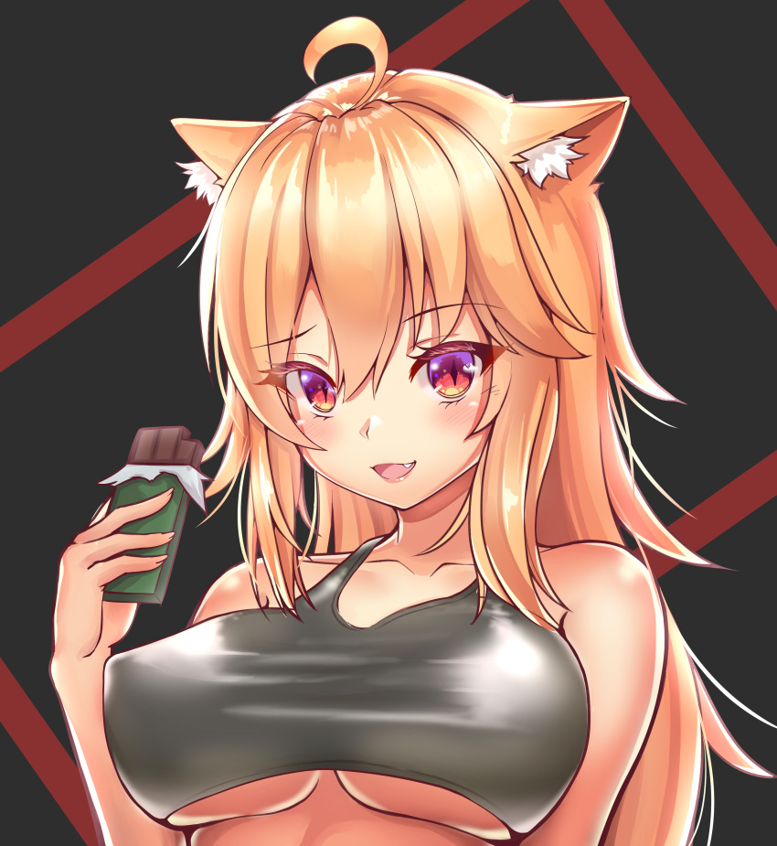 1girl :d absurdres ahoge animal_ear_fluff animal_ears bangs bare_shoulders blonde_hair blush borrowed_character breasts candy cat_ears chocolate_bar collarbone commentary covered_nipples crop_top eyebrows_visible_through_hair eyes_visible_through_hair fang food hair_between_eyes highres holding holding_food kaptivate large_breasts long_hair looking_at_viewer open_mouth original red_eyes slit_pupils smile solo tank_top tiffy_(fast-runner-2024) under_boob upper_body