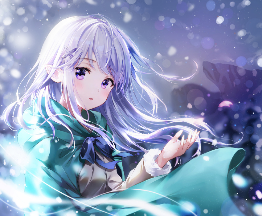 1girl absurdres blue_ribbon cloak commentary_request dana_(hapong07) elf emilia_(re:zero) floating_hair fur_trim grey_shirt hair_ornament highres hood hood_down lens_flare long_hair long_sleeves looking_at_viewer parted_lips petals pointy_ears re:zero_kara_hajimeru_isekai_seikatsu ribbon shirt sidelocks silver_hair solo upper_body