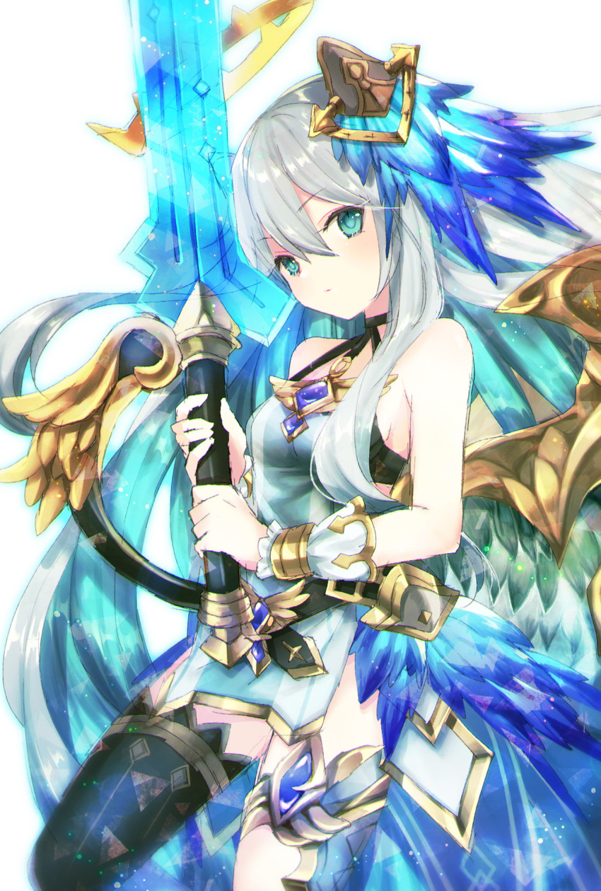 1girl bangs bare_shoulders black_legwear blue_eyes blue_hair breasts character_request closed_mouth commentary_request cryptract dress eyebrows_visible_through_hair feathered_wings green_wings grey_hair hair_between_eyes hair_ornament halo highres holding holding_sword holding_weapon kikka_(kicca_choco) long_hair looking_at_viewer medium_breasts multicolored_hair single_thighhigh solo sword thigh-highs two-tone_hair very_long_hair weapon white_background white_dress wings wrist_cuffs