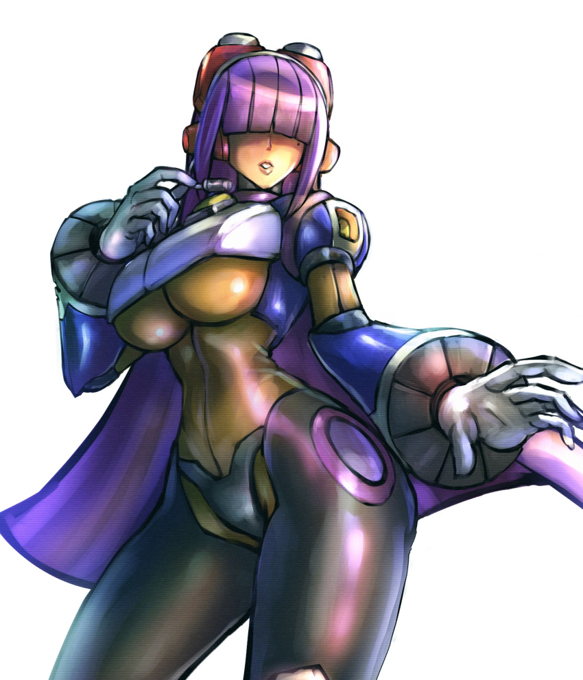 1girl android bangs blunt_bangs breasts capcom cowboy_shot dark_skin dgrp_(minhduc12333) hair_over_eyes headgear headset highres hime_cut large_breasts layer long_hair mole mole_under_eye purple_hair robot_ears rockman rockman_x simple_background solo under_boob white_background