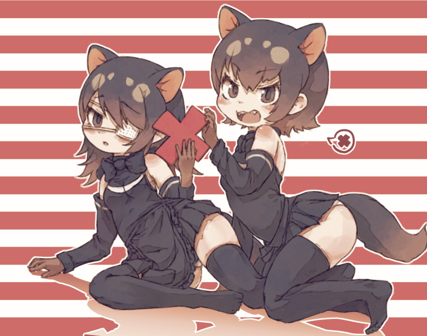 2girls apron australian_devil_(kemono_friends) bare_shoulders black_apron black_hair black_legwear black_neckwear black_shirt black_skirt bow bowtie brown_eyes brown_gloves commentary_request detached_sleeves extra_ears eyebrows_visible_through_hair eyepatch fangs gloves highres kemono_friends kolshica medical_eyepatch multicolored_hair multiple_girls no_shoes open_mouth pleated_skirt shirt short_hair skirt spoken_x tasmanian_devil_(kemono_friends) tasmanian_devil_ears tasmanian_devil_tail thigh-highs white_hair zettai_ryouiki