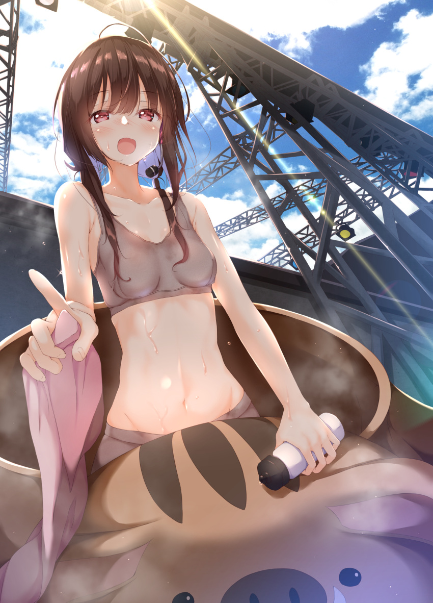 1girl :d animal_costume blue_sky boar_costume bottle bra breasts brown_hair clouds collarbone headset highres lens_flare long_hair looking_at_viewer medium_breasts midriff navel numpopo open_mouth original outdoors pink_eyes pointing sky smile solo sports_bra stage_lights standing sunlight sweat underwear water_bottle