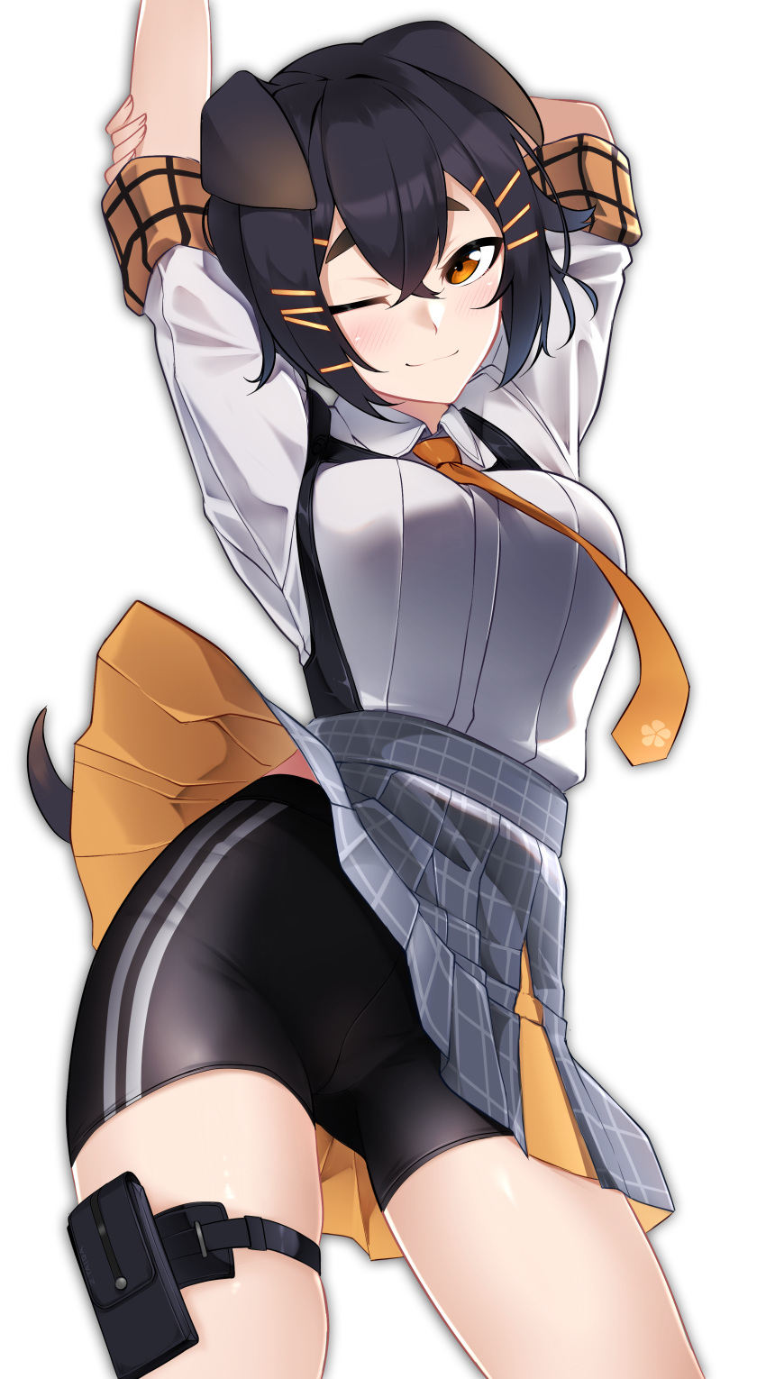 1girl ;) absurdres animal_ears arknights arms_up bike_shorts black_hair black_shorts blush breasts brown_eyes commentary cowboy_shot grey_skirt head_tilt highres jackie_(arknights) looking_at_viewer medium_breasts miniskirt necktie one_eye_closed pouch shirt short_hair short_sleeves shorts shorts_under_skirt simple_background skirt smile solo standing thigh_strap thighs white_background white_shirt yellow_neckwear z.taiga