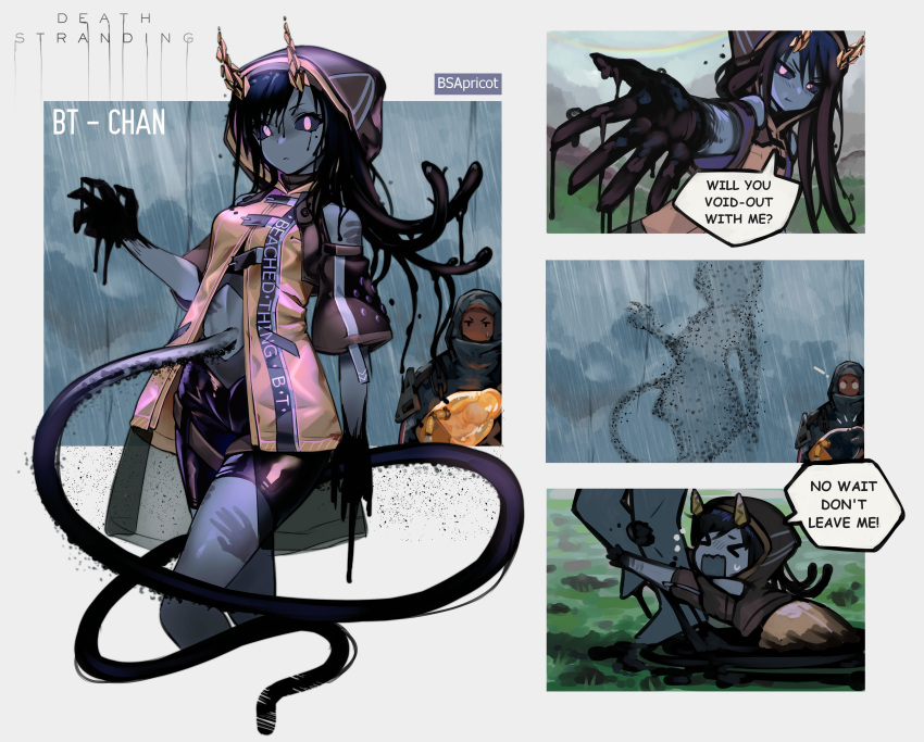 &gt;_&lt; 1girl 1other :t absurdres artist_name bike_shorts black_sclera blue_skin commentary copyright_name cropped_legs danielle_brindle death_stranding english_text furrowed_eyebrows highres hood hoodie horns jacket long_hair looking_at_viewer monster_girl o_o personification rain tentacle_hair umbilical_cord