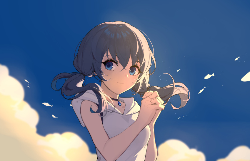 1girl amano_hina_(tenki_no_ko) bangs bare_arms bare_shoulders blue_eyes blue_sky closed_mouth clouds day eyebrows_visible_through_hair fish hands_clasped highres hood hood_down hoodie long_hair looking_at_viewer low_twintails mongarit outdoors own_hands_together sky sleeveless sleeveless_hoodie smile solo tenki_no_ko twintails upper_body white_hoodie