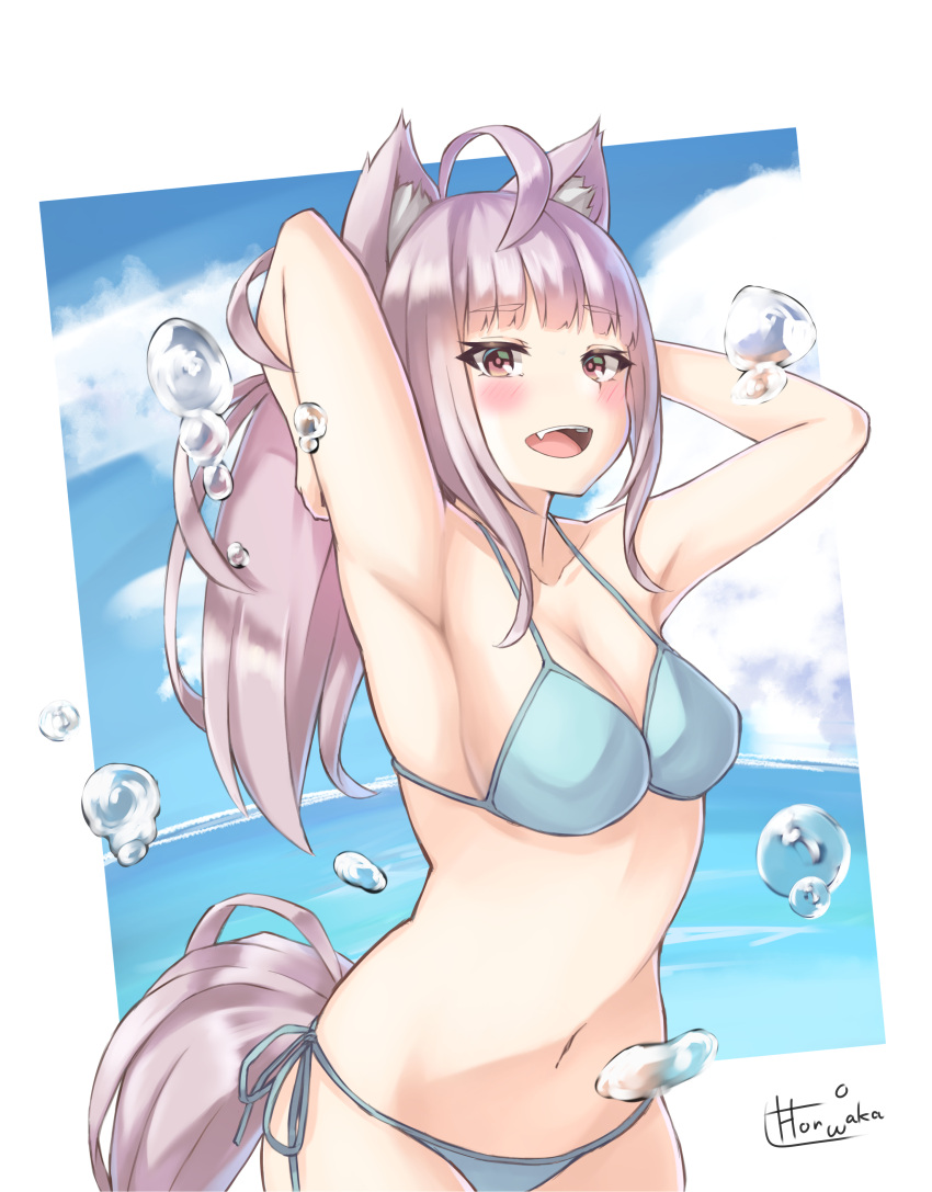 1girl absurdres ahoge animal_ears artist_name bangs bare_arms bare_shoulders beach bikini blue_bikini breasts brown_eyes collarbone commentary_request copyright_request eyebrows_visible_through_hair fang grey_hair highres large_breasts long_hair looking_at_viewer open_mouth original side-tie_bikini solo swimsuit tail wolf_ears wolf_tail yumoto_motoyu