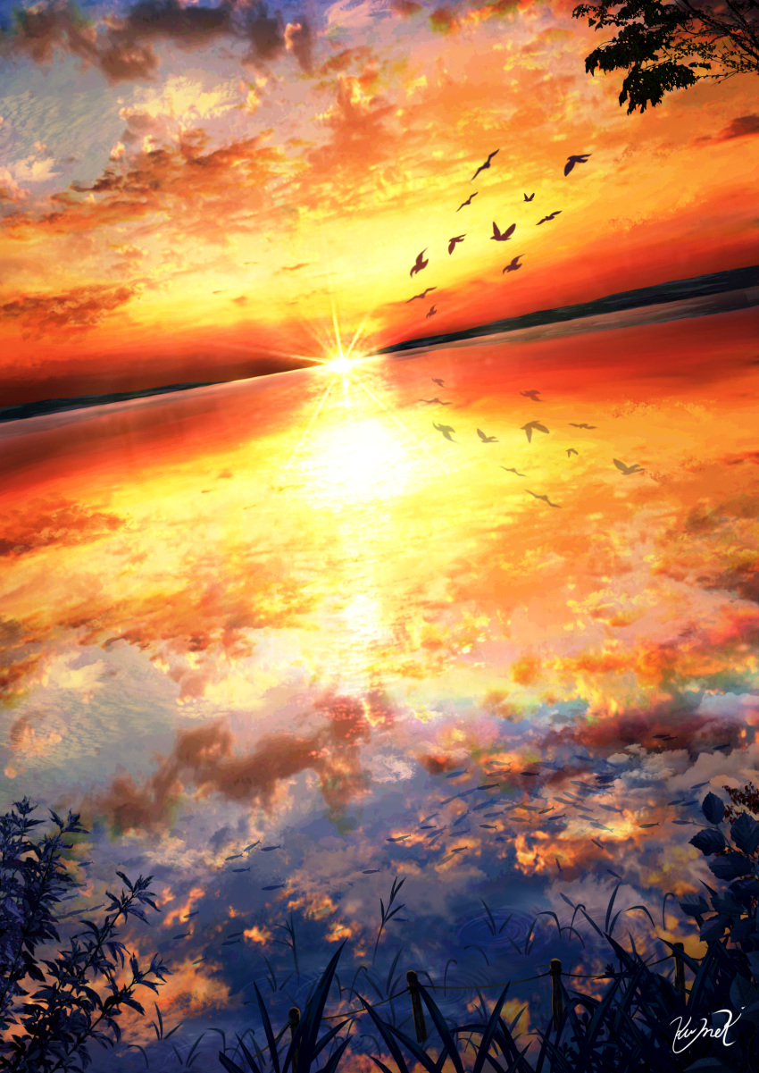 absurdres bird clouds dutch_angle fish grass highres hill horizon kumeki_(kk4615) lake lens_flare light_rays nature no_humans original outdoors reflection ripples scenery signature sky sunlight sunset tree water