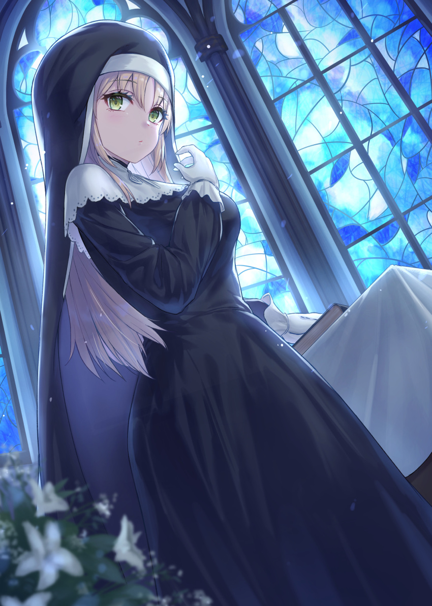 1girl bangs black_dress blonde_hair blurry blurry_foreground book breasts church_interior commentary_request depth_of_field dress dutch_angle eyebrows_visible_through_hair feet_out_of_frame flower gloves gohei_(aoi_yuugure) green_eyes habit highres indoors long_hair long_sleeves looking_at_viewer medium_breasts nijisanji sister_cleaire solo stained_glass standing table tablecloth virtual_youtuber white_flower white_gloves window