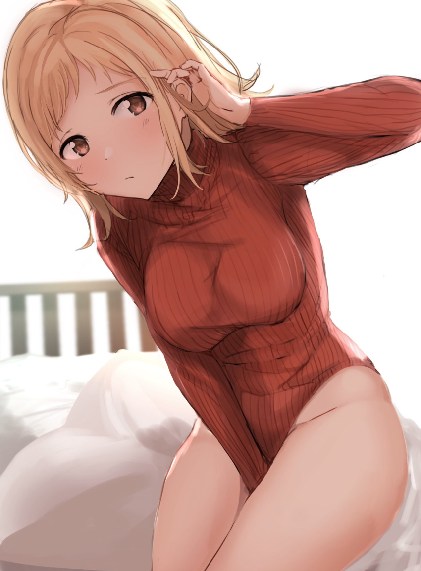 1girl adjusting_hair backlighting bangs between_legs blush breasts brown_eyes hand_between_legs hand_in_hair highleg highleg_leotard highres idolmaster idolmaster_shiny_colors kano_(kanokano44) leotard light_brown_hair looking_at_viewer medium_breasts red_leotard ribbed_leotard sakuragi_mano sitting solo swept_bangs thighs