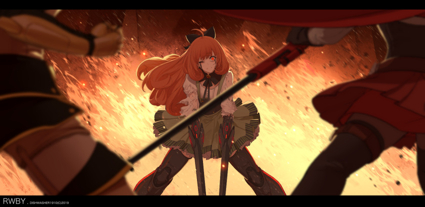 3girls ahoge backlighting bangs battle black_bow black_gloves black_legwear black_neckwear black_skirt blurry blurry_foreground bow bowtie cape clenched_teeth commentary corset depth_of_field dishwasher1910 dual_wielding english_commentary eyebrows_visible_through_hair fire floating_hair garter_straps gloves green_skirt gun hair_bow holding holding_gun holding_weapon layered_skirt letterboxed looking_at_viewer mechanical_arm mechanical_leg miniskirt multiple_girls one_eye_closed orange_hair penny_polendina red_cape red_eyes red_skirt ruby_rose rwby shirt short_sleeves skirt solo_focus spoilers spread_legs standing suspender_skirt suspenders teeth thigh-highs torn_clothes torn_shirt weapon white_shirt yang_xiao_long yellow_legwear