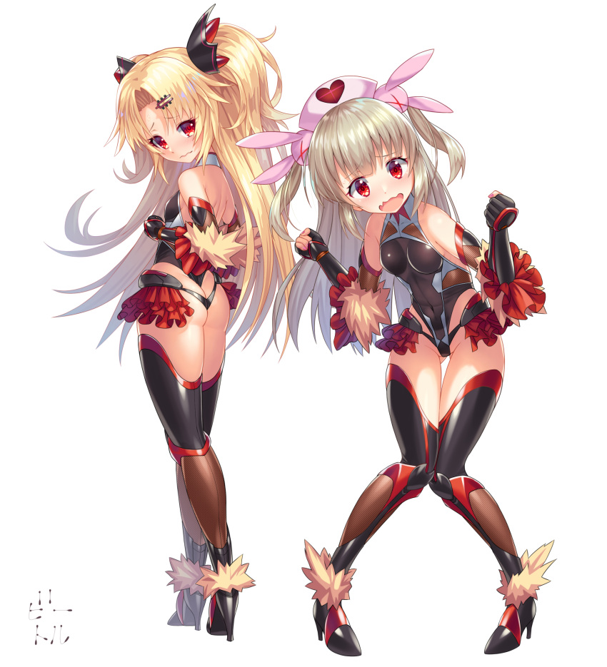 2girls :d akatsuki_yuni ass ass_visible_through_thighs bad_proportions bangs bare_shoulders bettle_(b_s_a_n) black_footwear black_gloves black_legwear blonde_hair breasts clenched_hand collar covered_navel fang gloves hair_ornament hairclip hat high_heels highres knees_together_feet_apart long_hair looking_at_viewer multiple_girls natori_sana nurse_cap open_mouth parted_bangs pink_headwear red_eyes sana_channel simple_background skin_fang small_breasts smile standing taimanin_suit thigh-highs thigh_gap two_side_up uni_channel v_arms very_long_hair virtual_youtuber wavy_mouth white_background white_collar