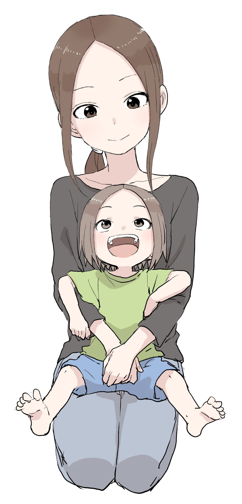 2girls :d absurdres bangs barefoot black_shirt blue_pants blue_shorts brown_eyes brown_hair child closed_mouth collarbone commentary_request forehead green_shirt head_tilt highres karakai_jouzu_no_(moto)_takagi-san long_hair long_sleeves low_ponytail mother_and_daughter multiple_girls nishikata_chii open_mouth pants parted_bangs ponytail seiza shirt short_hair short_sleeves shorts simple_background sitting sitting_on_lap sitting_on_person smile soles takagi-san upper_teeth white_background wide_sleeves yamamoto_souichirou