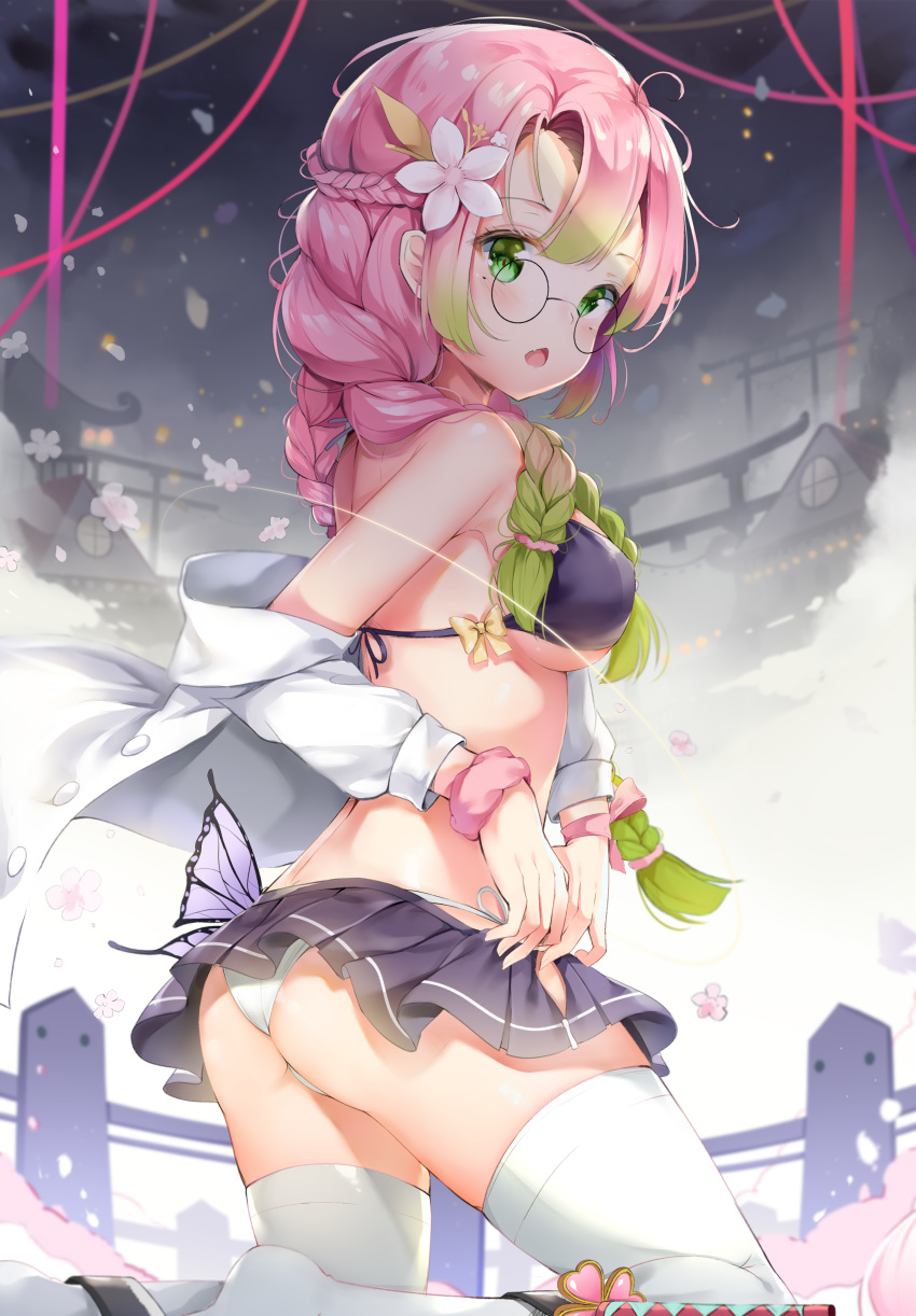 1girl absurdres ass black_bra blush bra braid breasts bug butterfly commentary_request flower from_behind glasses gradient_hair green_eyes green_hair hair_flower hair_ornament highres insect jacket kanroji_mitsuri kimetsu_no_yaiba kneeling large_breasts long_hair looking_at_viewer mole mole_under_eye multicolored_hair off_shoulder panties pedo0201 pink_hair purple_butterfly solo thigh-highs underwear white_flower white_jacket white_legwear white_panties