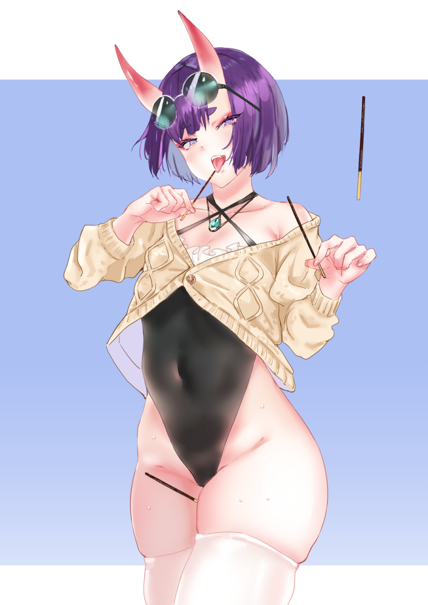 1girl :d bangs bare_shoulders between_thighs black_swimsuit cardigan covered_navel eyeliner eyewear_on_head fang fate/grand_order fate_(series) frills highres hikimayu looking_at_viewer makeup off_shoulder one-piece_swimsuit open_mouth pocky_day purple_hair short_hair shuten_douji_(fate/grand_order) smile solo sunlight swimsuit teeth thigh-highs tongue tongue_out violet_eyes wet white_legwear yhes70903