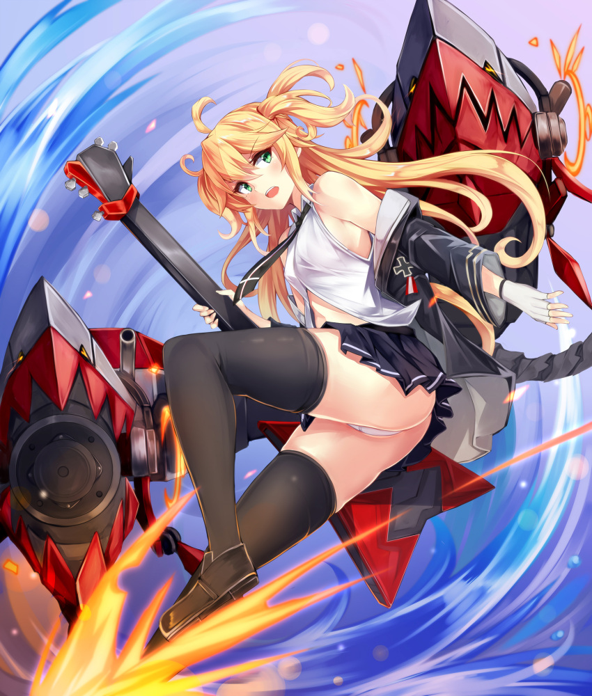 1girl admiral_hipper_(azur_lane) admiral_hipper_(muse)_(azur_lane) ahoge ass azur_lane bare_shoulders black_legwear black_skirt blonde_hair blush breasts brown_footwear electric_guitar fingerless_gloves floating_hair gloves green_eyes guitar highres holding holding_instrument idol instrument irohasu loafers long_hair looking_at_viewer miniskirt necktie open_mouth panties pleated_skirt rigging shirt shoes skindentation skirt sleeveless sleeveless_shirt thigh-highs two_side_up underwear white_panties white_shirt