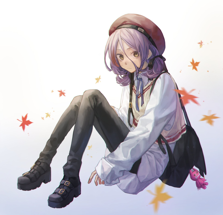 1girl :/ autumn_leaves backpack bag bag_charm beret black_footwear black_pants black_ribbon blue_ribbon boots charm_(object) collared_shirt commentary full_body gradient gradient_background hair_between_eyes hair_ribbon hat hayasaka_mirei highres idolmaster idolmaster_cinderella_girls leaf long_sleeves looking_at_viewer multicolored_hair neck_ribbon pants platform_boots platform_footwear purple_hair red_headwear redhead ribbon shirt sitting sleeves_past_wrists solo streaked_hair sweater_vest white_shirt yul_(user_gyut3424)