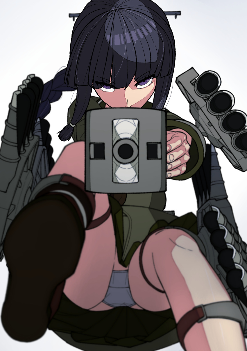 absurdres aiming_at_viewer bangs black_hair blunt_bangs braid cannon highres kantai_collection karasuma_kuraha kitakami_(kantai_collection) long_hair looking_at_viewer machinery rigging school_uniform serafuku single_braid skirt thighs torpedo torpedo_tubes turret