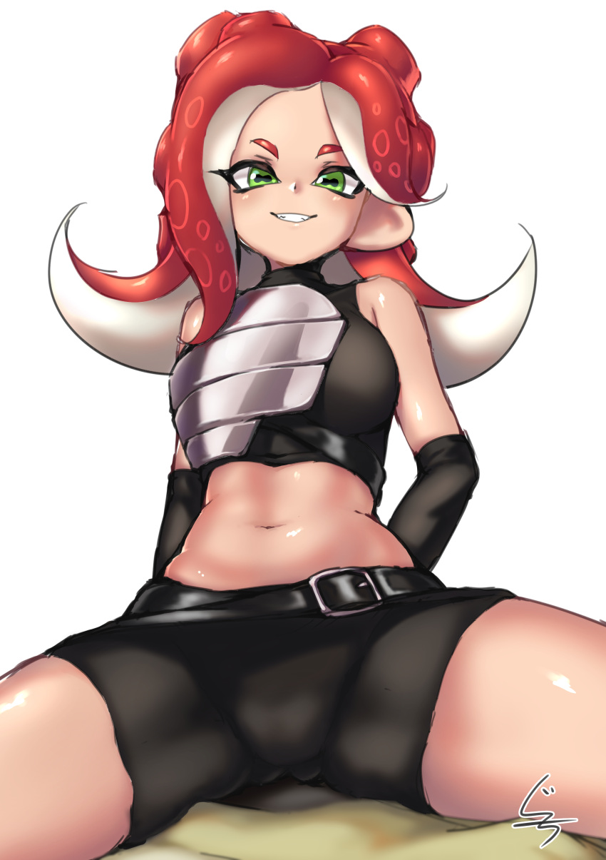 1girl absurdres arms_behind_back artist_name belt bike_shorts black_belt black_gloves black_shirt black_shorts breastplate cephalopod_eyes commentary crop_top elbow_gloves gloves green_eyes grin guchi_(tako_undead) highres long_hair looking_at_viewer makeup mascara midriff octarian pointy_ears redhead shirt short_shorts shorts signature simple_background sitting sleeveless sleeveless_shirt smile solo splatoon_(series) splatoon_2 spread_legs suction_cups takozonesu tentacle_hair thighs white_background