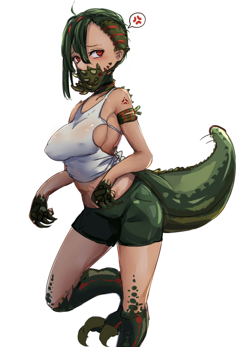 1girl absurdres anger_vein bare_shoulders breasts claws covered_nipples deviljho green_hair highres house88812317 leg_up looking_at_viewer mask midriff monster_hunter monster_hunter:_world personification pointy_ears red_eyes short_hair shorts simple_background solo spoken_anger_vein tail tank_top white_background