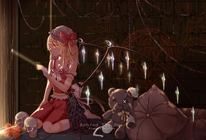 1girl absurdres arm_garter bangs bare_arms bare_shoulders blonde_hair bow commentary_request crystal flandre_scarlet flower hat hat_bow highres indoors kneehighs light_rays long_hair miniskirt mob_cap niuy no_shoes pillow profile red_bow red_flower red_rose red_skirt ribbon rose shirt sitting skirt skull sleeveless sleeveless_shirt solo stuffed_animal stuffed_toy teddy_bear touhou wariza white_headwear white_legwear white_ribbon wings
