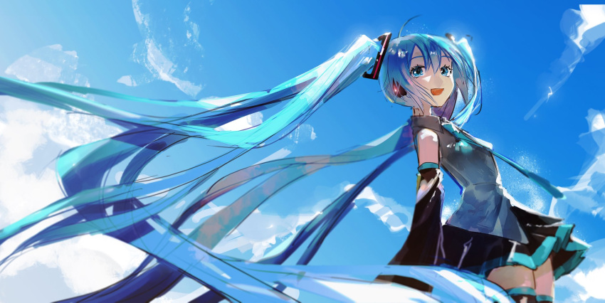 1girl :d arms_at_sides backlighting bare_shoulders black_legwear black_skirt blue_eyes blue_hair blue_neckwear blue_sky blurry breasts clouds cloudy_sky collared_shirt cowboy_shot day depth_of_field detached_sleeves eyelashes floating_hair grey_shirt hair_between_eyes happy hatsune_miku headset highres light_particles long_hair looking_at_viewer necktie no_nose open_mouth osushimanchan outdoors pleated_skirt shaded_face shiny shiny_hair shirt skirt sky sleeveless sleeveless_shirt small_breasts smile solo sunlight thigh-highs twintails very_long_hair vocaloid zettai_ryouiki