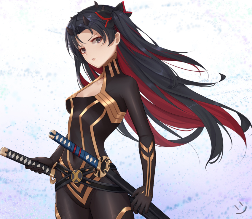 1girl bangs belt black_belt black_bodysuit black_hair bodysuit breasts cleavage_cutout earrings fate/grand_order fate_(series) grey_eyes highres hoop_earrings horns ishtar_(fate/grand_order) jewelry katana long_hair looking_at_viewer multicolored_hair parted_bangs redhead sheath sheathed small_breasts smile_(dcvu7884) solo space_ishtar_(fate) sword two-tone_hair two_side_up weapon