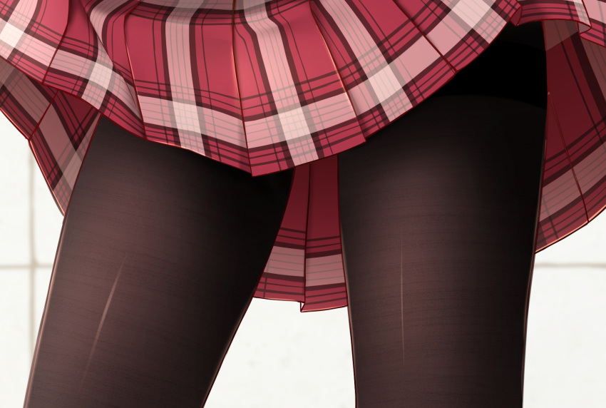 1girl blurry blurry_background brown_legwear close-up commentary_request highres lower_body miniskirt original pantyhose plaid plaid_skirt pleated_skirt red_skirt rko_(a470350510) skirt solo standing thighband_pantyhose thighs