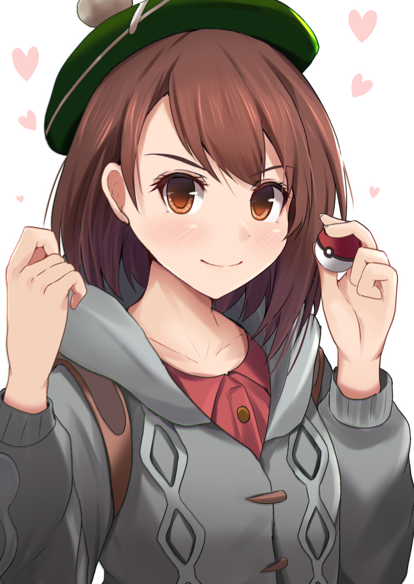 &gt;:) 1girl absurdres blush brown_eyes brown_hair closed_mouth collarbone commentary_request female_protagonist_(pokemon_swsh) green_headwear grey_coat hands_up heart highres holding holding_poke_ball hooded_coat kanzaki_kureha long_sleeves petals poke_ball poke_ball_(generic) pokemon pokemon_(game) pokemon_swsh serious short_hair simple_background smile solo tam_o'_shanter upper_body white_background