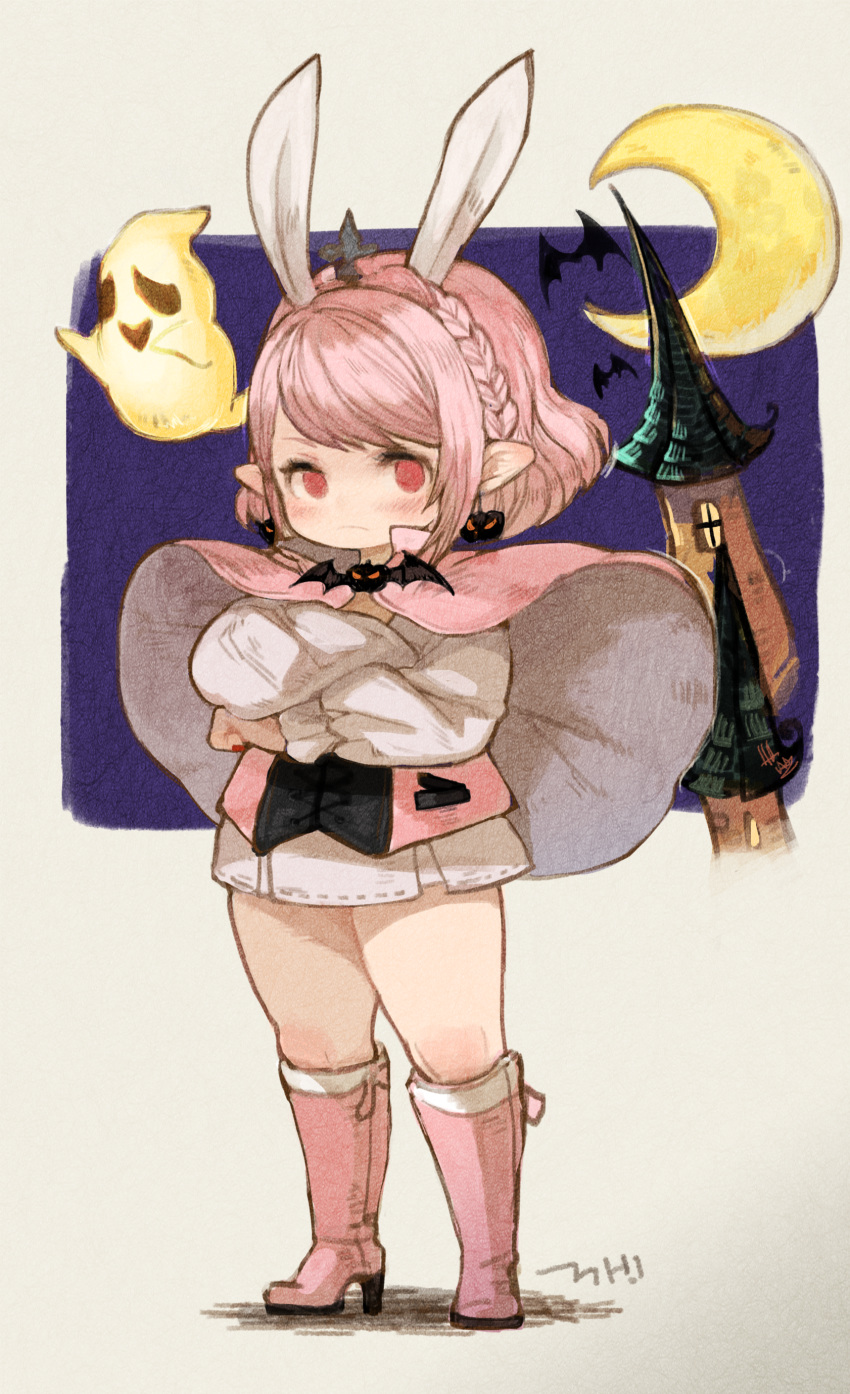 1girl absurdres animal_ears bat boots braid cape closed_mouth crescent_moon crossed_arms crown_braid earrings fake_animal_ears final_fantasy final_fantasy_xiv fingernails frown full_body ghost halloween high_heel_boots high_heels highres jewelry kkaebing knee_boots lalafell long_sleeves miniskirt moon no_pupils pink_cape pink_eyes pink_footwear pink_hair pleated_skirt pointy_ears rabbit_ears red_nails short_hair skirt solo white_skirt