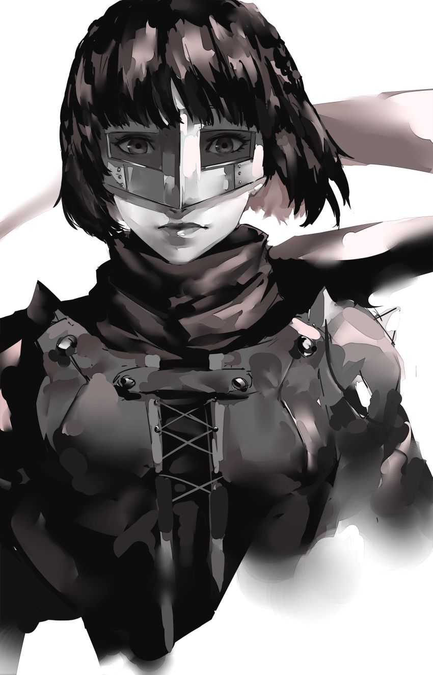 1girl blazpu bob_cut highres looking_at_viewer mask monochrome niijima_makoto persona persona_5 scarf short_hair solo spikes upper_body white_background