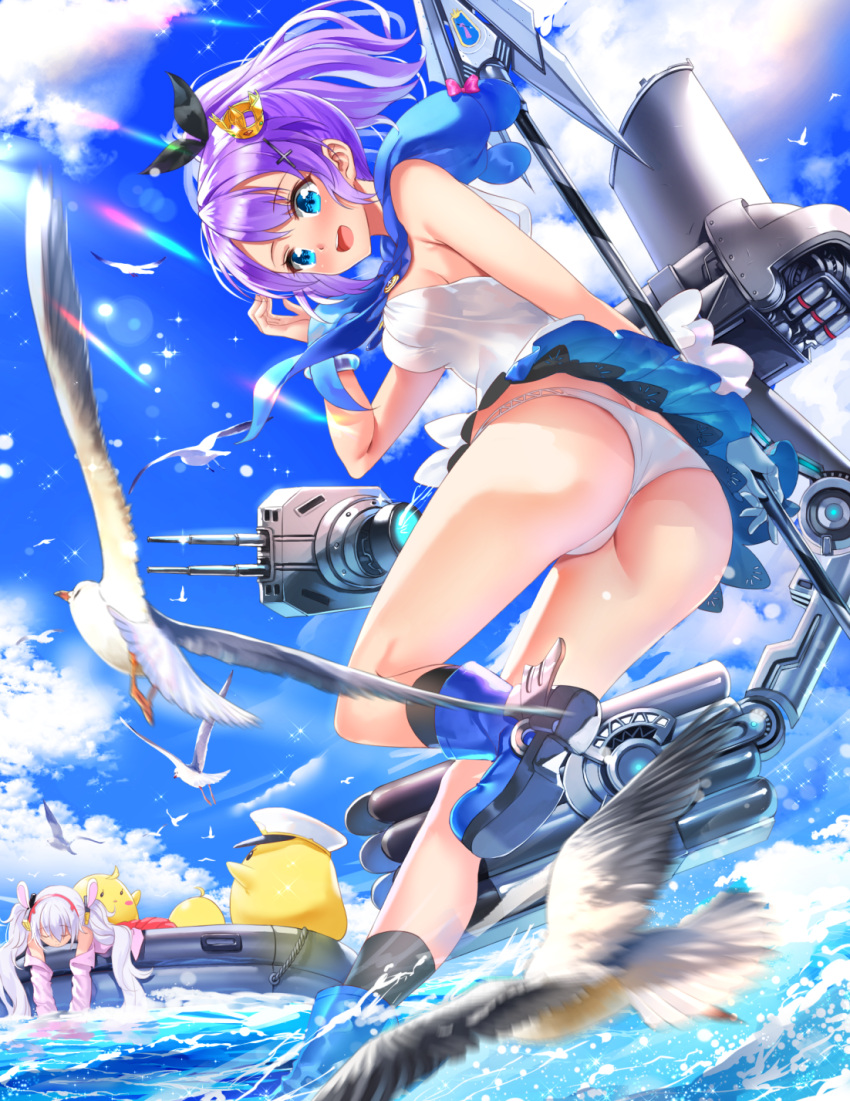 2girls animal animal_ears ass azur_lane bare_shoulders bird black_legwear black_ribbon blue_eyes blue_footwear blue_skirt blue_sky boots breasts camisole chick closed_eyes clouds commentary_request crown day gloves hair_ornament hair_ribbon hairband hand_up hat high_ponytail highres holding jacket javelin javelin_(azur_lane) kneehighs laffey_(azur_lane) long_hair manjuu_(azur_lane) medium_breasts military_hat mini_crown motion_blur multiple_girls namesake off_shoulder open_clothes open_jacket outdoors panties peaked_cap pink_jacket pleated_skirt ponytail purple_hair rabbit_ears red_hairband ribbon shoe_soles sidelocks silver_hair single_glove skirt sky standing standing_on_one_leg swordsouls tilted_headwear twintails underwear very_long_hair water white_camisole white_gloves white_headwear white_panties