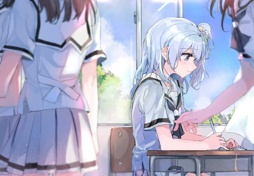 aqua_hair bang_dream! blue_hair classroom closed_mouth hair_ribbon hanazono_suki haneoka_school_uniform highres light_blue_hair matsubara_kanon one_side_up ribbon sailor_collar school_uniform short_sleeves smile tree uniform violet_eyes window writing