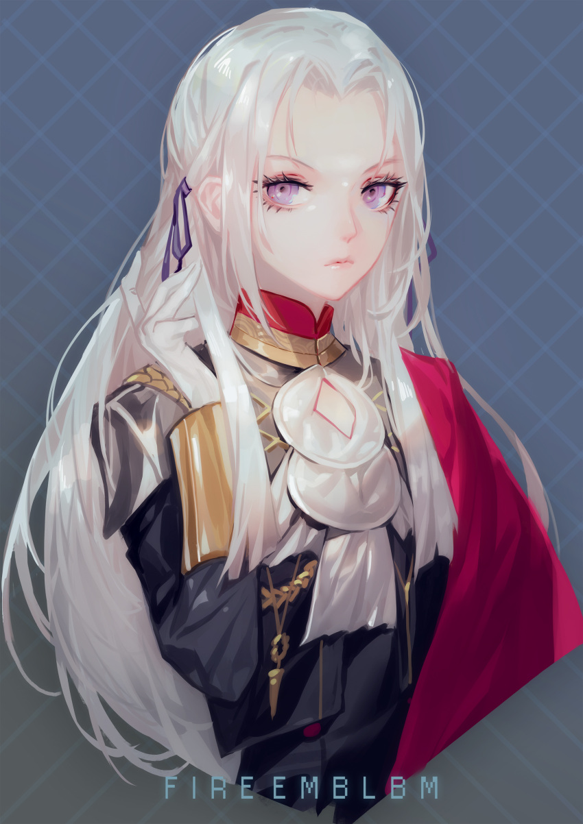 1girl absurdres bangs blue_background capelet closed_mouth commentary_request copyright_name cropped_torso edelgard_von_hresvelg expressionless female_focus fire_emblem fire_emblem:_three_houses fire_emblem:_three_houses garreg_mach_monastery_uniform gloves grandialee hair_ribbon hand_in_hair highres intelligent_systems koei_tecmo long_hair long_sleeves looking_at_viewer nintendo parted_bangs pink_lips purple_ribbon realistic red_capelet ribbon solo upper_body violet_eyes white_gloves white_hair