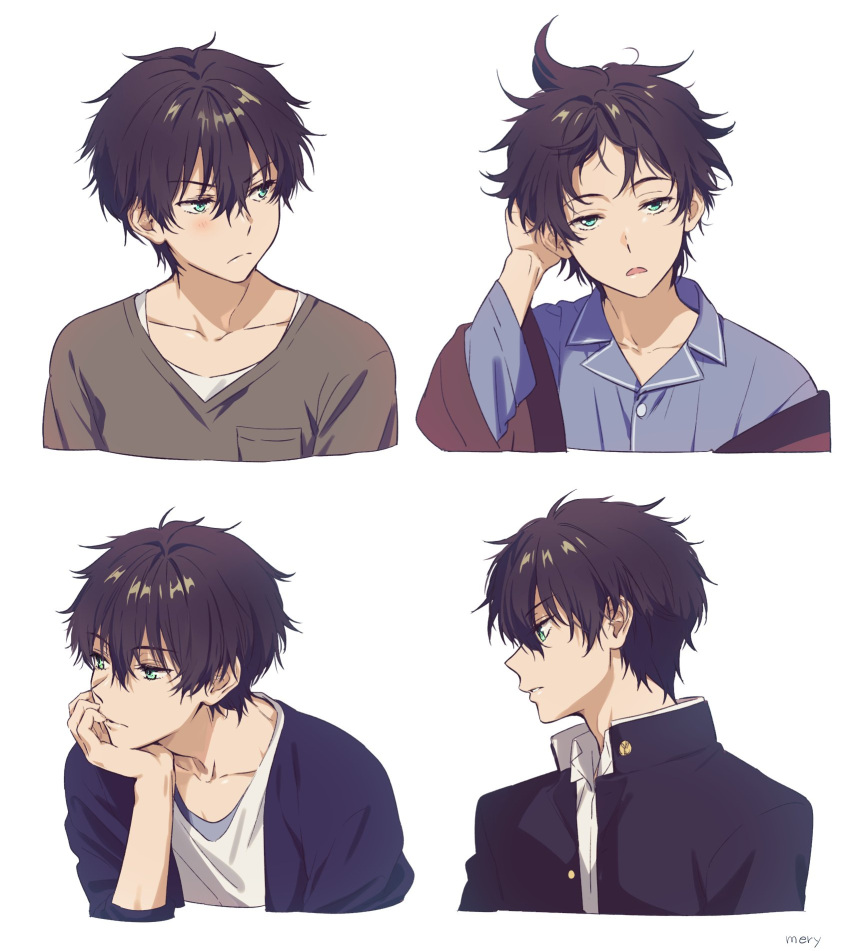 1boy angry artist_name bangs black_jacket blush brown_hair closed_mouth collar collarbone collared_jacket collared_shirt commentary_request eyebrows_visible_through_hair from_behind gakuran green_eyes hair_between_eyes head_on_hand highres hyouka jacket korean_commentary looking_to_the_side male_focus mery_(apfl0515) messy_hair open_mouth oreki_houtarou pajamas parted_lips school_uniform shirt simple_background upper_body white_background white_shirt