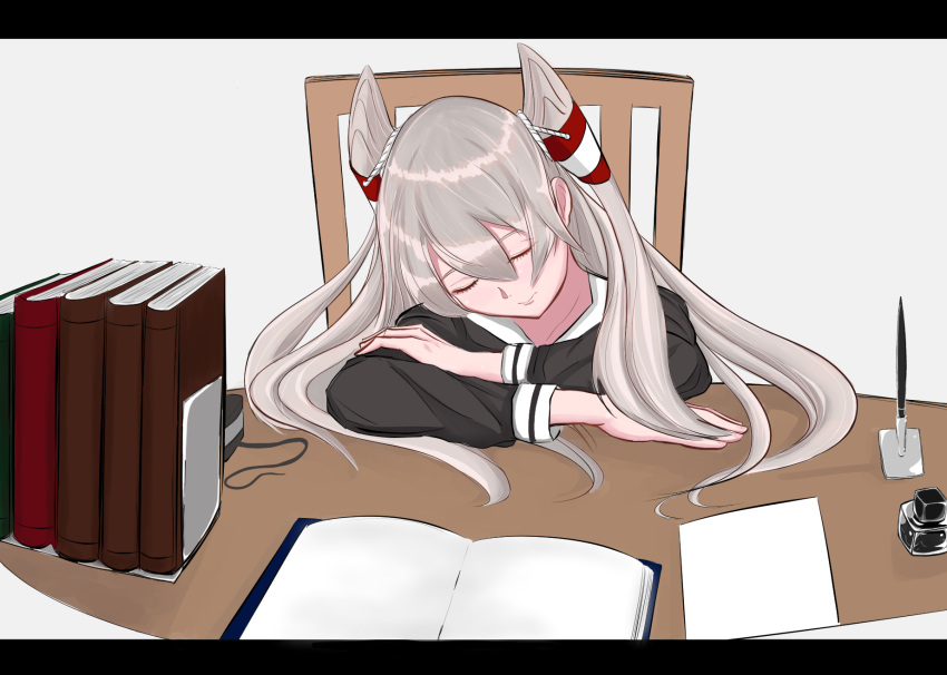 1girl amatsukaze_(kantai_collection) awasari black_dress book chair closed_eyes dress grey_background hair_tubes hat hat_removed headwear_removed highres ink_bottle kantai_collection lifebuoy long_hair pen sailor_dress silver_hair simple_background sleeping solo table thigh-highs two_side_up upper_body windsock
