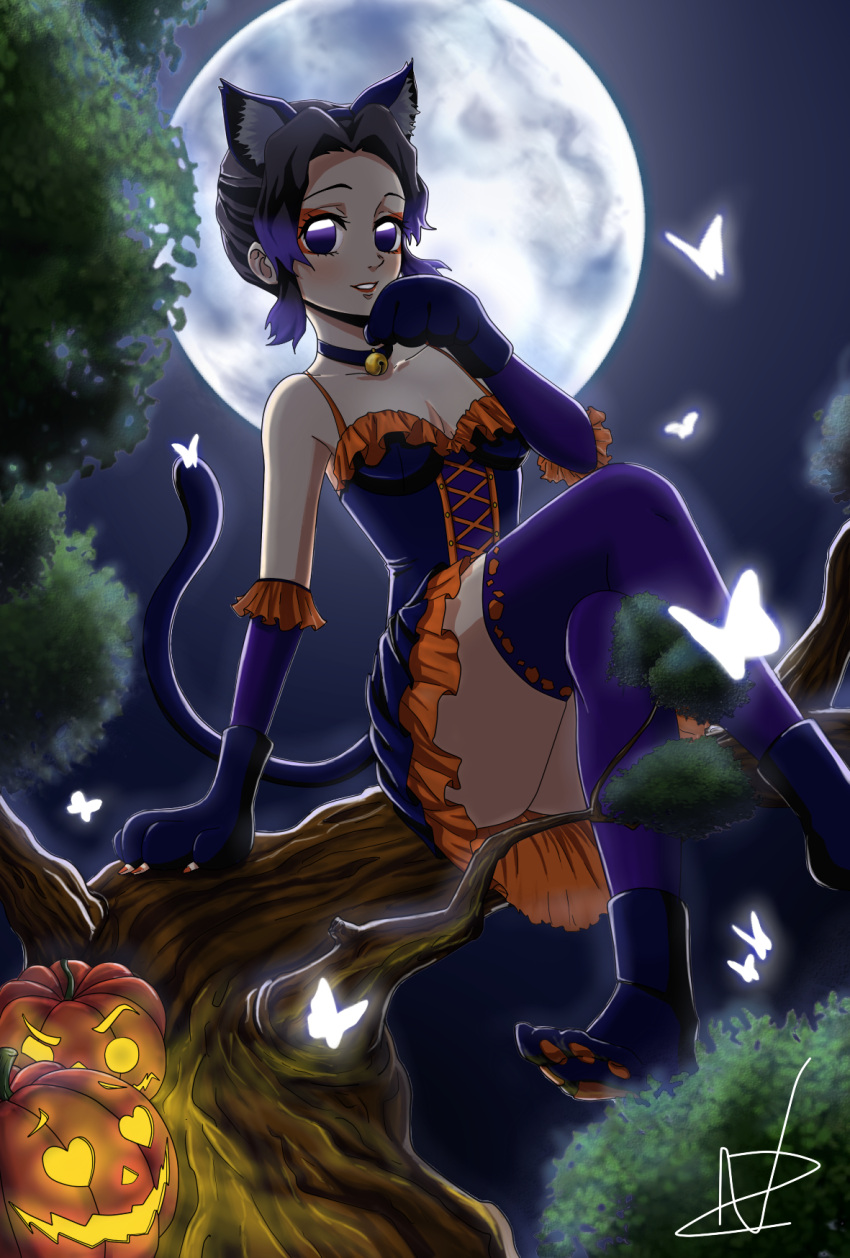 1girl 2good4ya animal_ears bangs bell bell_choker bell_collar breasts bug butterfly cat_ears cat_girl cat_paws choker collar dress full_moon halloween halloween_costume highres in_tree insect jack-o'-lantern kimetsu_no_yaiba kochou_shinobu moon night orange_dress outdoors parted_bangs paws purple_dress short_dress sitting sitting_in_tree small_breasts smile solo spaghetti_strap thigh-highs tree violet_eyes white_butterfly