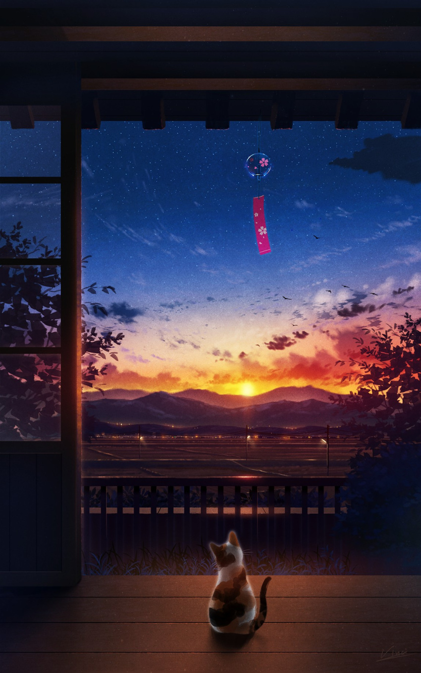 calico cat clouds commentary_request evening field highres lamppost mountain mountainous_horizon no_humans original power_lines railing rice_paddy road scenery sky sliding_doors star_(sky) starry_sky sun sunset tree utility_pole veranda vinci_v7 wind_chime wooden_floor