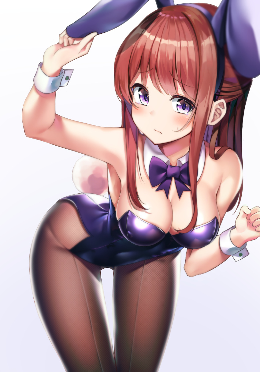 1girl absurdres animal_ears apple_ringo arm_up armpits bare_shoulders bent_over bow bowtie breasts brown_hair brown_legwear bunny_tail bunnysuit closed_mouth covered_nipples detached_collar fake_animal_ears fake_tail fishnet_legwear fishnets frown hairband half_updo highres holding leotard long_hair looking_at_viewer medium_breasts original pantyhose purple_leotard purple_neckwear rabbit_ears sidelocks simple_background solo standing sweat tail violet_eyes white_background wrist_cuffs