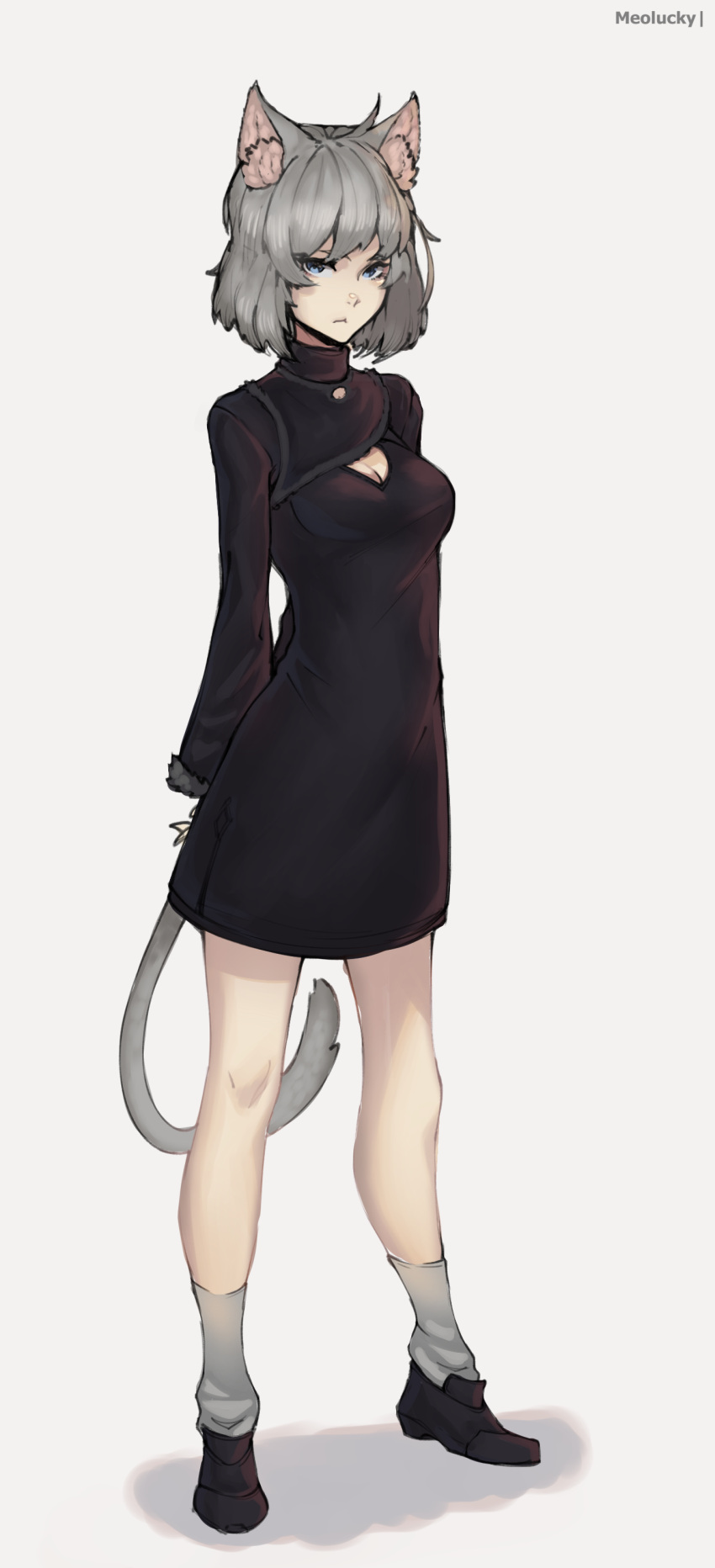 1girl :&lt; absurdres animal_ear_fluff animal_ears arms_behind_back artist_name bangs black_dress black_footwear blue_eyes breasts cat_ears cat_girl cat_tail cleavage_cutout commentary commission dress english_commentary full_body fur-trimmed_sleeves fur_trim grey_hair grey_legwear highres long_sleeves looking_at_viewer medium_breasts original ovosh147 shoes short_hair simple_background socks solo tail white_background