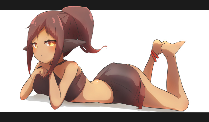 +_+ 1girl absurdres animal_ears ass bangs bare_arms bare_legs bare_shoulders barefoot black_skirt blush breasts brown_eyes brown_hair closed_mouth commentary_request crop_top dark_skin eyebrows_visible_through_hair full_body halter_top halterneck highres idaten93 legs_up letterboxed looking_at_viewer lying medium_breasts on_stomach original parted_bangs ponytail shadow sidelocks skirt solo