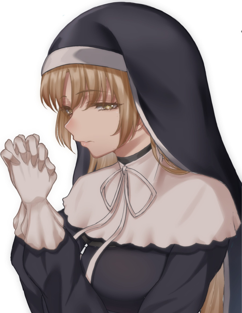 +_+ 1girl bangs blonde_hair breasts eyebrows_visible_through_hair gloves half-closed_eyes hands_clasped highres interlocked_fingers long_hair nijisanji nun own_hands_together simple_background sister_cleaire skysign_ft solo white_background white_gloves