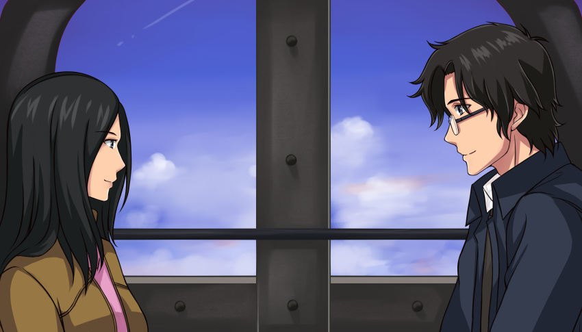 1boy 1girl absurdres black_eyes black_hair black_jacket blue_sky brown_jacket eye_contact fune_o_amu glasses hayashi_kaguya highres indoors jacket looking_at_another mistuya_majime profile ryuzaku_(indonesia) sitting sky smile