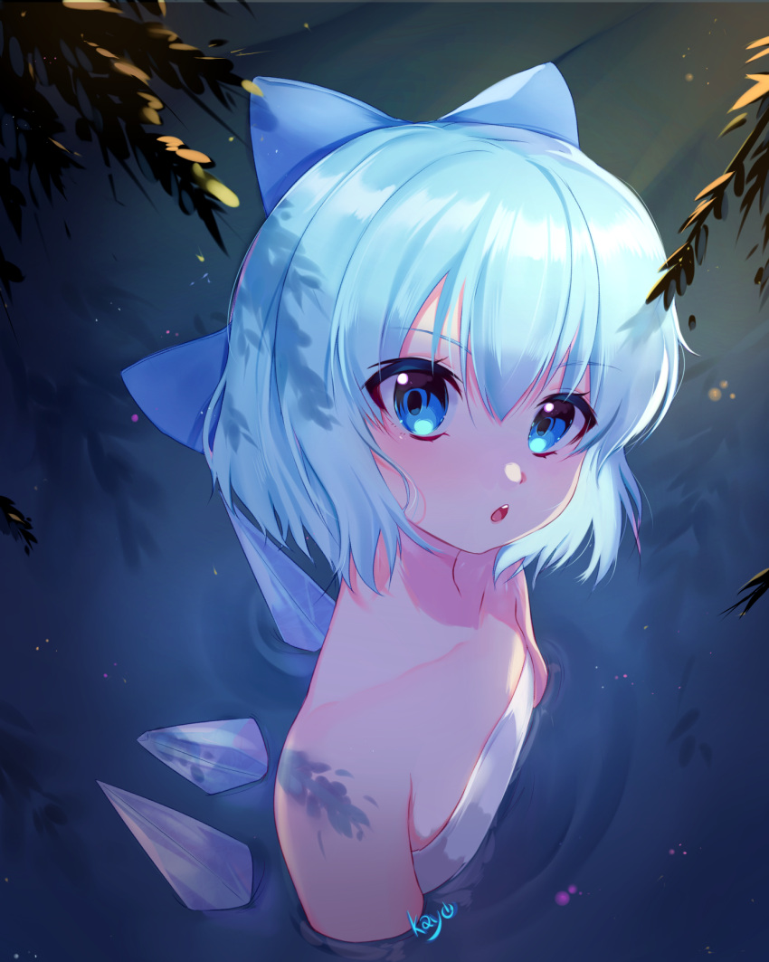 1girl artist_name bangs bare_shoulders blush chestnut_mouth cirno collarbone colored_eyelashes dappled_sunlight eyebrows_visible_through_hair flat_chest hair_between_eyes head_tilt highres ice ice_wings in_water kayo_(skc08049) light_blue_hair looking_at_viewer naked_towel onsen open_mouth pink_lips reflective_eyes round_teeth shiny shiny_hair short_hair solo sunlight teeth touhou towel wings