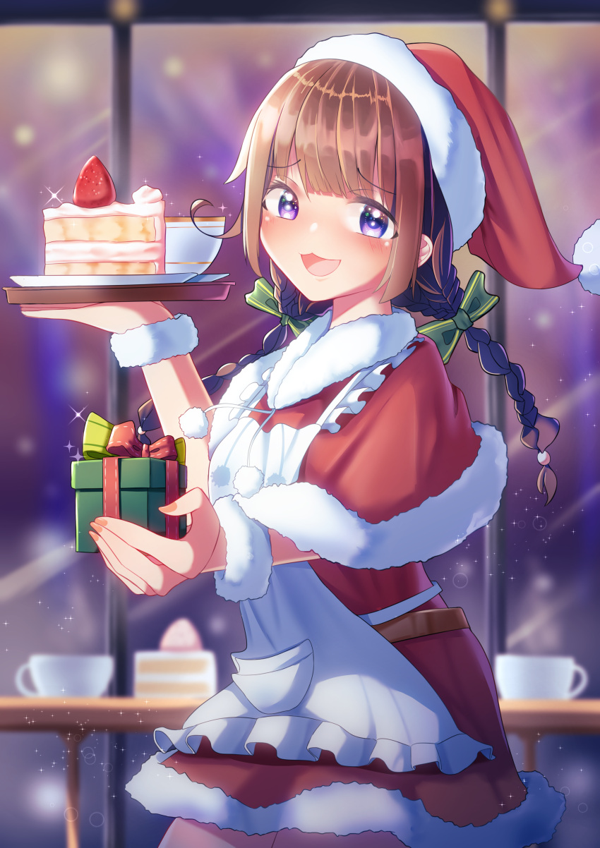 1girl :d absurdres bangs belt blurry blurry_background bow braid brown_hair cake coffee_mug cup eyebrows_visible_through_hair food fruit gift green_bow hair_bow hat highres looking_at_viewer mug open_mouth original pom_pom_(clothes) red_headwear santa_hat slice_of_cake smile solo standing strawberry tachibanashiro17 twin_braids violet_eyes wristband