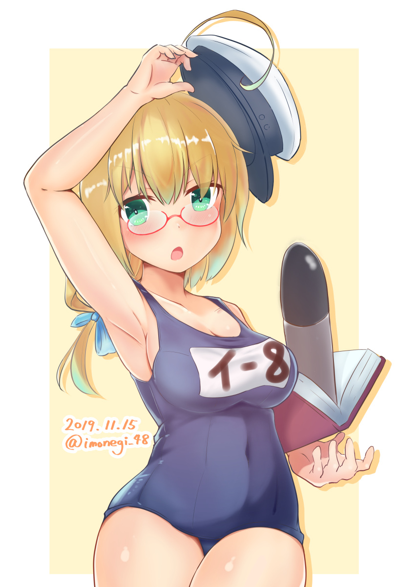1girl absurdres adjusting_clothes adjusting_hat antenna_hair armpits arms_up blonde_hair blue_eyes blue_ribbon blue_swimsuit book border breasts cleavage_cutout collarbone covered_navel cowboy_shot dated eyebrows_visible_through_hair hair_ribbon hat highres i-8_(kantai_collection) imonegi_oekaki kantai_collection large_breasts looking_at_viewer low_twintails name_tag old_school_swimsuit one-piece_swimsuit open_mouth peaked_cap red-framed_eyewear ribbon sailor_hat school_swimsuit semi-rimless_eyewear solo swimsuit thigh-highs torpedo twintails twitter_username under-rim_eyewear white_border white_legwear yellow_background