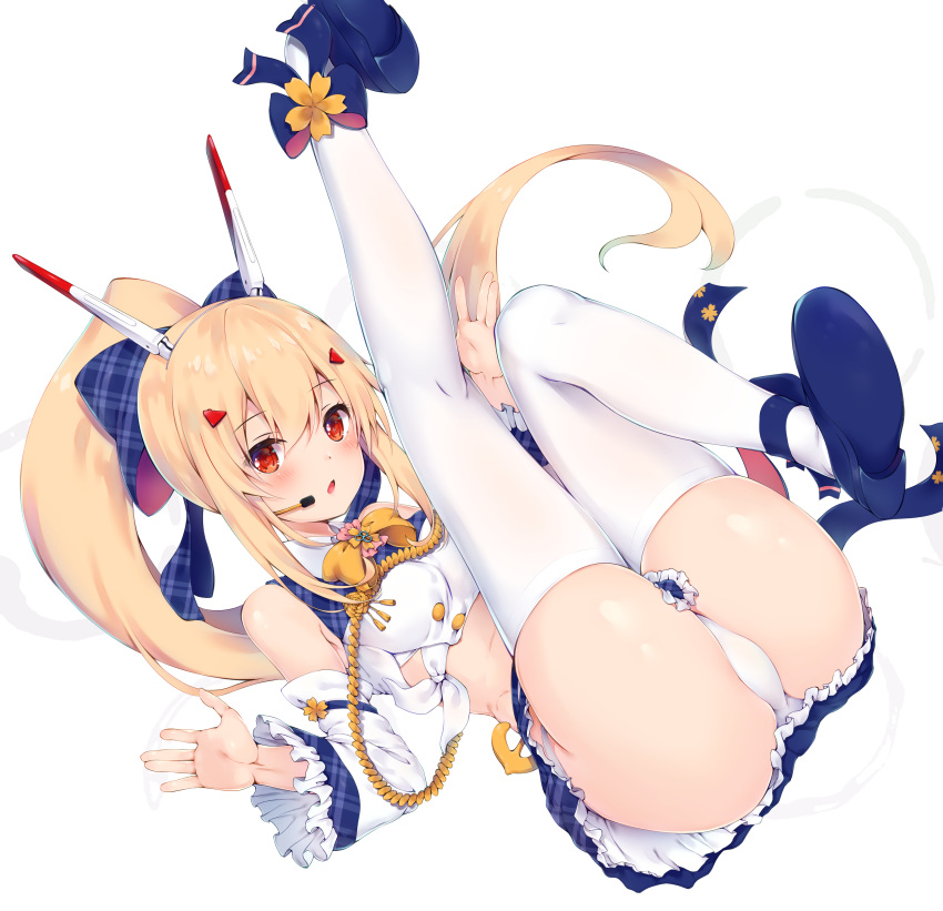 1girl :o absurdres akyorapenyo ankle_ribbon ass ayanami_(azur_lane) ayanami_(troubled_star_idol)_(azur_lane) azur_lane bangs bare_shoulders blonde_hair blue_skirt blush commentary_request crop_top detached_sleeves frilled_skirt frilled_sleeves frills hair_between_eyes headgear headset highres legs_up long_hair long_ponytail looking_at_viewer lying midriff on_back open_mouth panties ponytail red_eyes ribbon shiny shiny_skin sidelocks simple_background skirt solo thigh-highs underwear very_long_hair white_background white_legwear white_panties